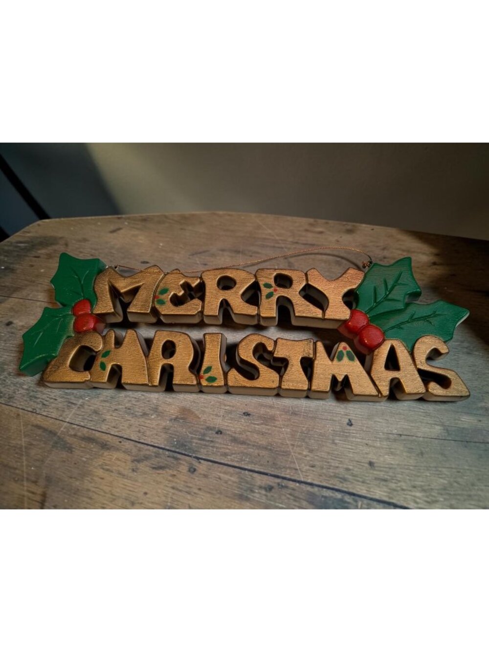 Vintage 15" Merry Christmas Hanging Decor With Holly Leaves & Berries Design Gol